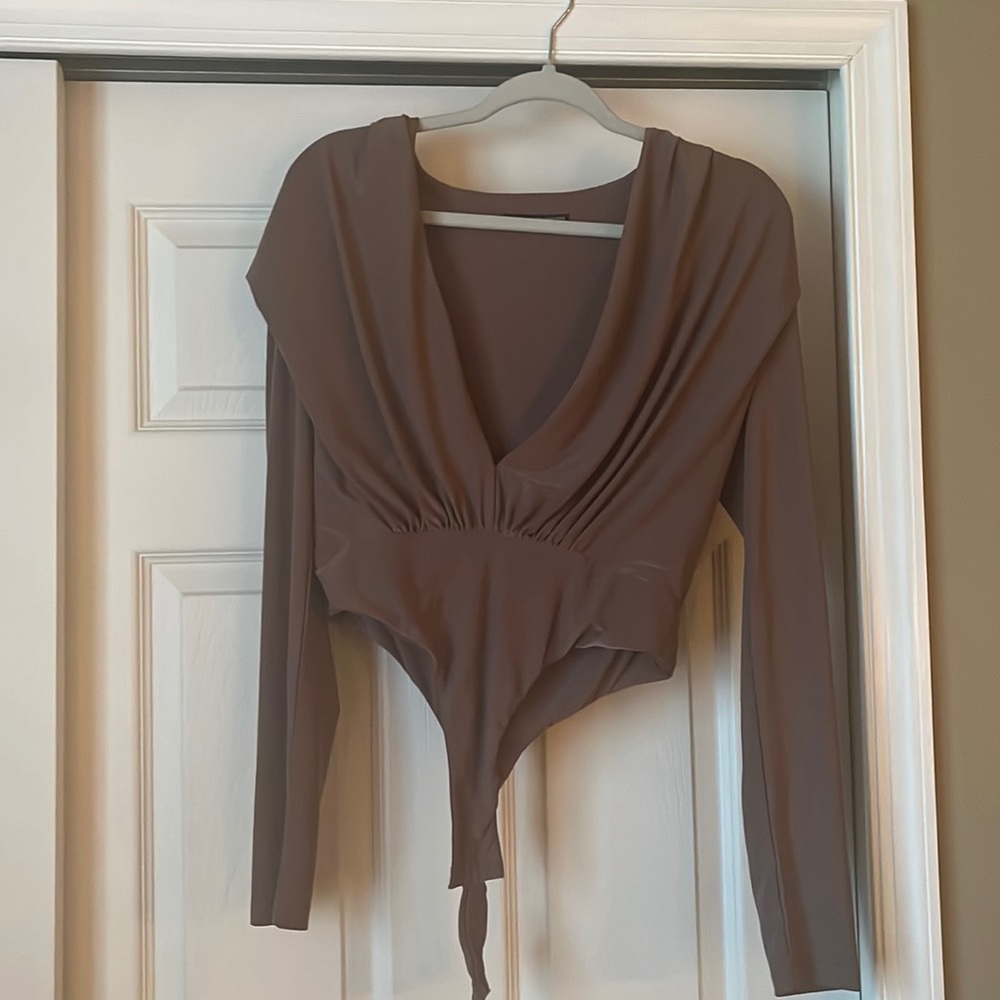 Longe sleeve silk purplish bodysuit with plunge neckline